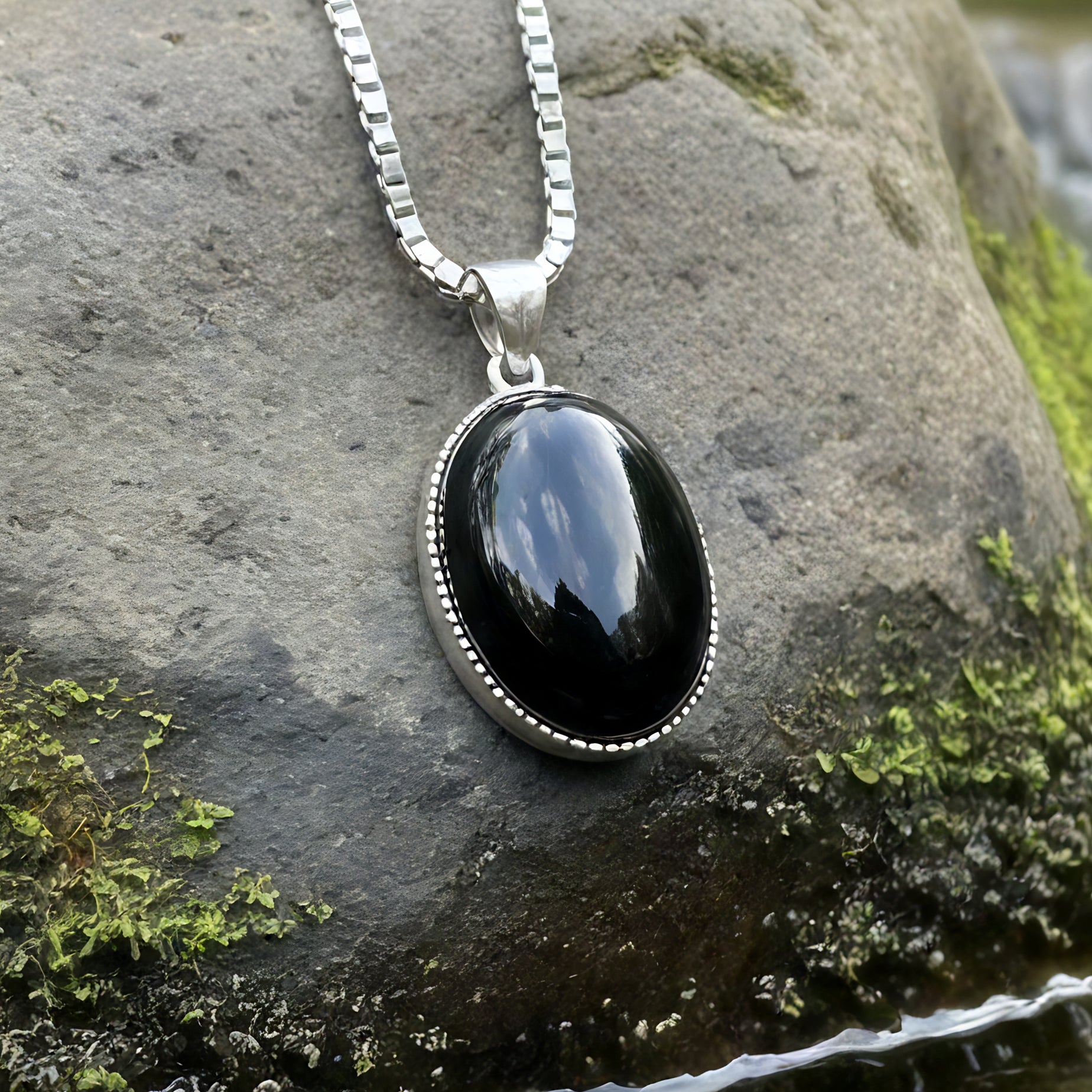 Black Obsidian & Silver Halo Necklace