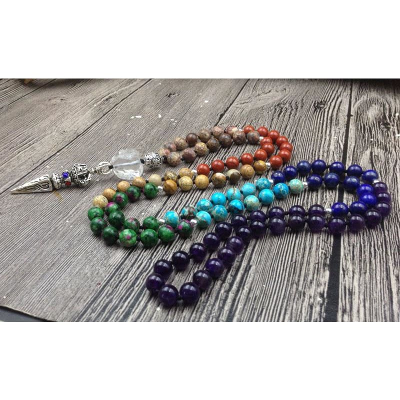 7 Chakra Stone Amethysts 108 Prayer Beads Necklace With Tibetan Pendant