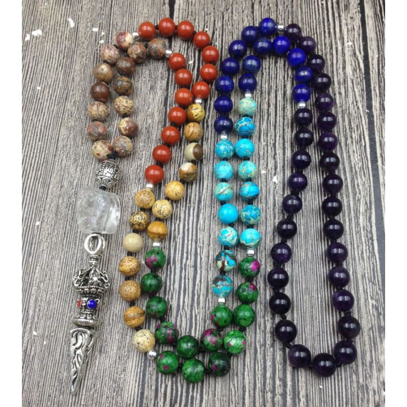 7 Chakra Stone Amethysts 108 Prayer Beads Necklace With Tibetan Pendant