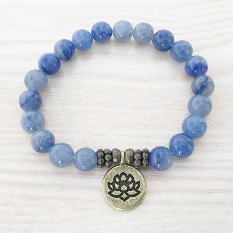 Blue Aventurine Mala Bead Bracelet - Lotus Charm
