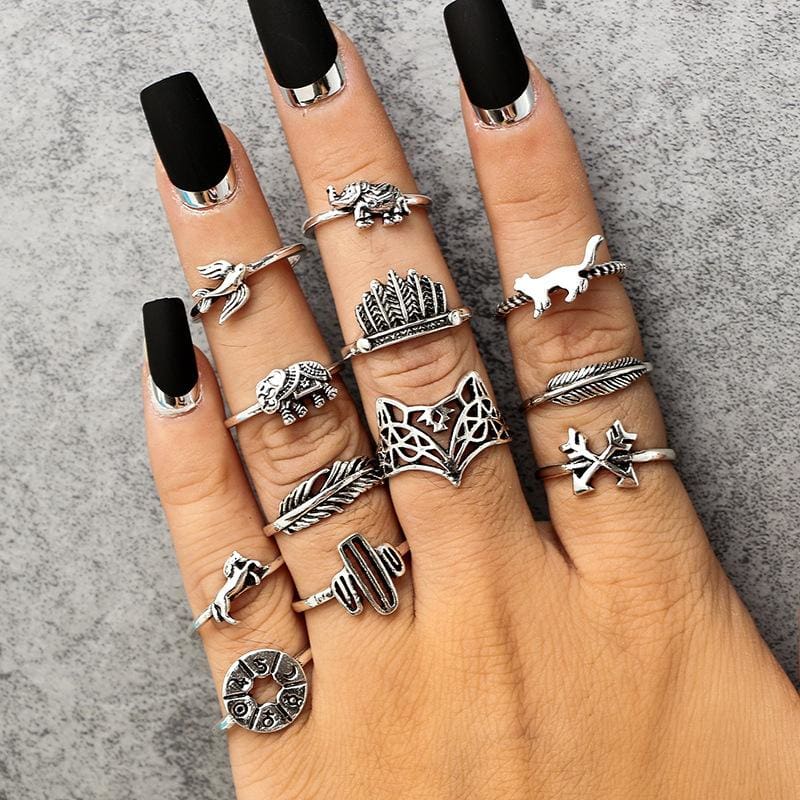 (Clearance) 12 Piece Set Bohemia Antique Silver Rings
