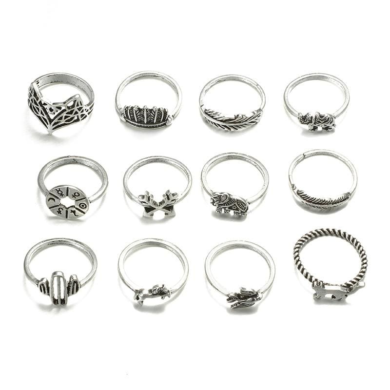 (Clearance) 12 Piece Set Bohemia Antique Silver Rings