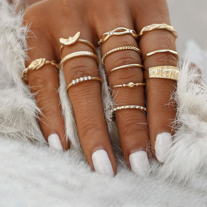 (Clearance) 12 Piece Set Gold Charm Ring Set