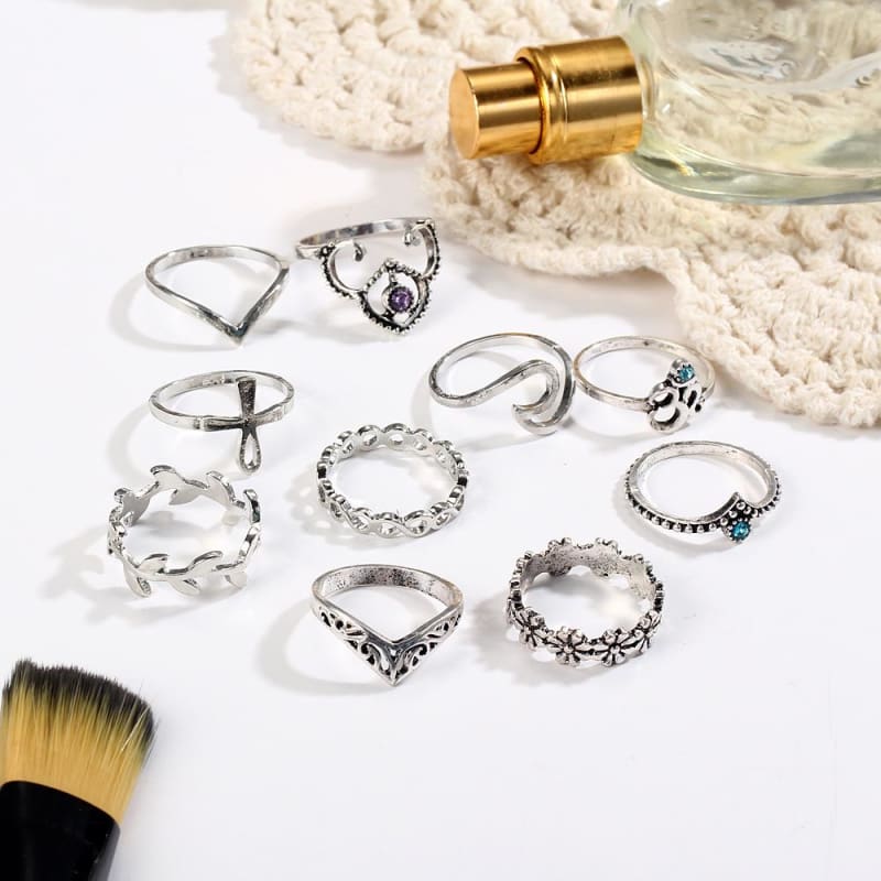 (Clearance) Elephant 10 Piece Set Antique Silver Cross Crown Crystal Rings