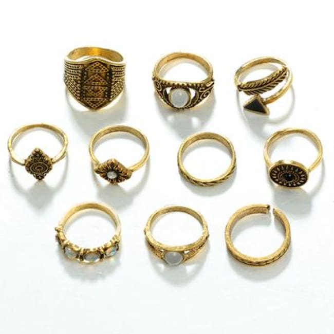 (Clearance) Golden/silver Leaf Stone Vintage Crystal Rings (Set Of 10 Rings) - Gold