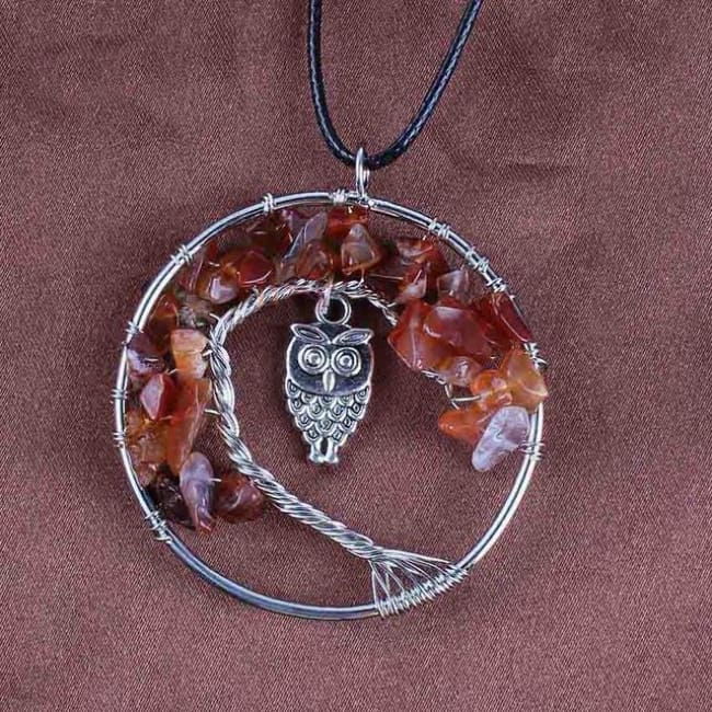 (Clearance) Tree Of Life Gemstone Owl Pendant - Red Agate