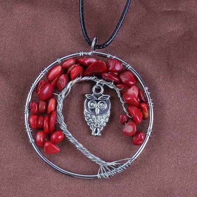 (Clearance) Tree Of Life Gemstone Owl Pendant - Red Coral