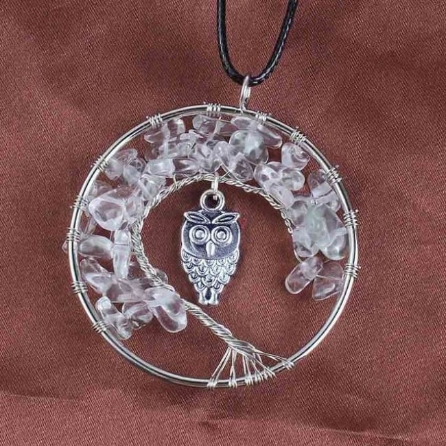 (Clearance) Tree Of Life Gemstone Owl Pendant - Rock Quartz Crystal