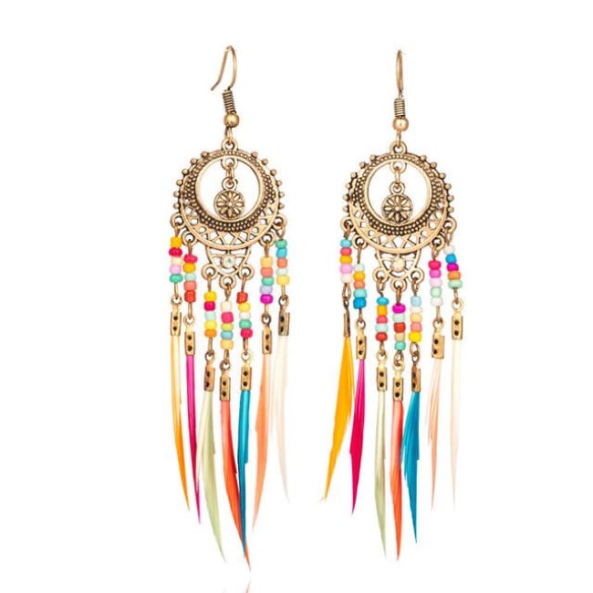 (Clearance) Vintage Ethnic Rainbow Feather Dangle Drop Earrings - Golden