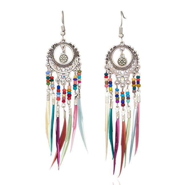 (Clearance) Vintage Ethnic Rainbow Feather Dangle Drop Earrings - Silver