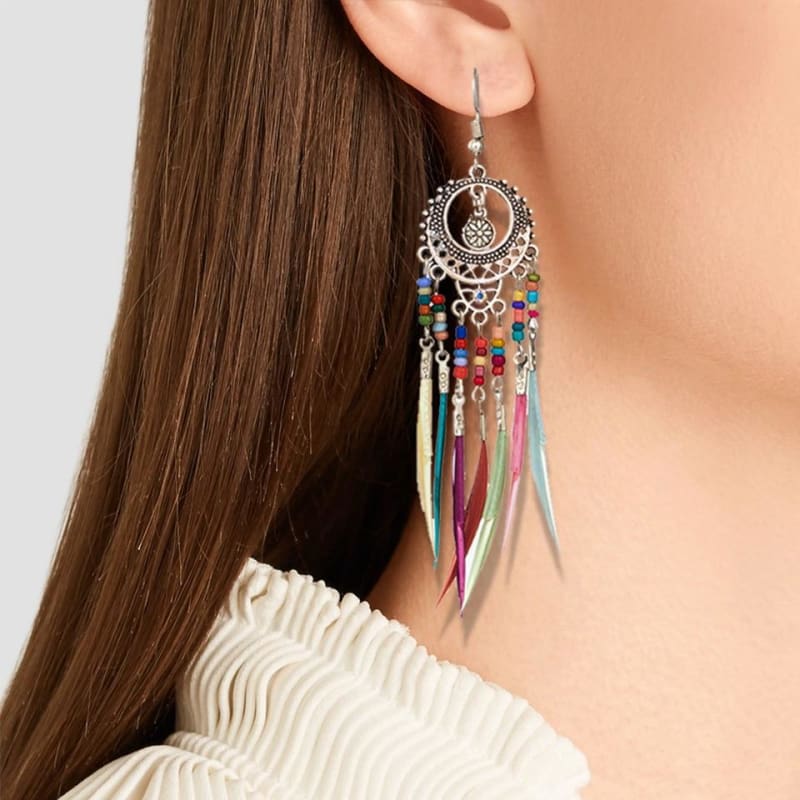 (Clearance) Vintage Ethnic Rainbow Feather Dangle Drop Earrings