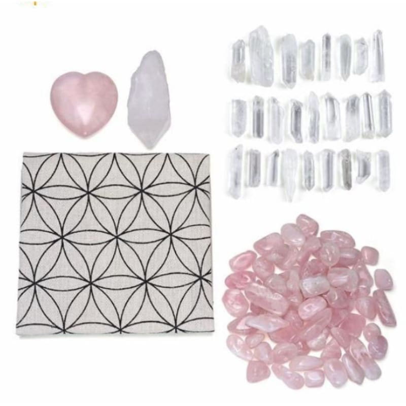 Crystal Grid Reiki Energy Healing Kit With Rose And Clear Quartz