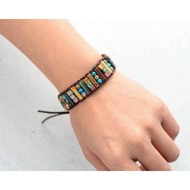 Earth Spirit Mixed Semi-Precious Stone Leather Wrap Bracelet