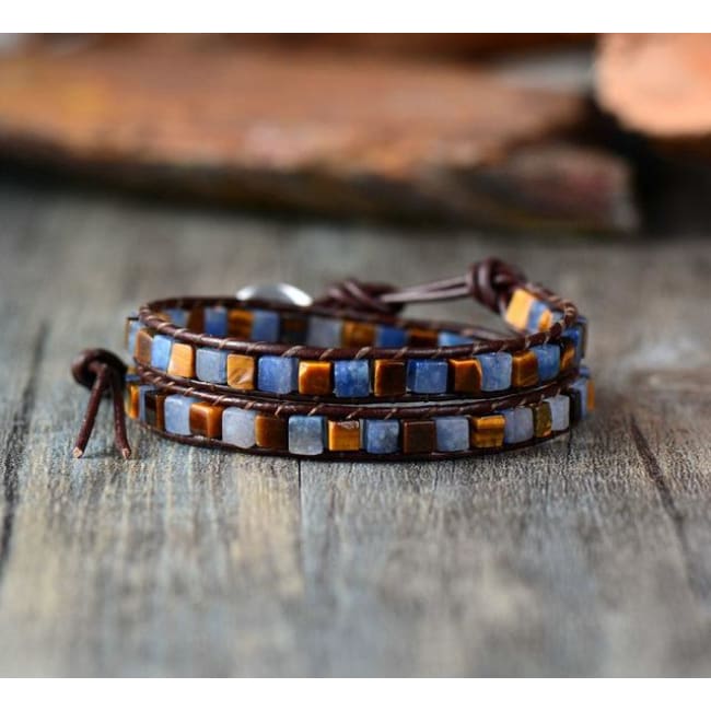 Earth Spirit Natural Stone Two Strand Leather Wrap Bracelet - Cool