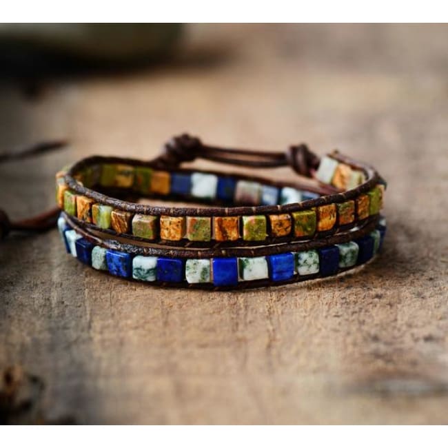 Earth Spirit Natural Stone Two Strand Leather Wrap Bracelet - Mysterious