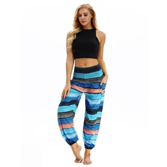 Harem Pants One-Size Fits All So Comfortable! - Striped Teal & Blue / One Size