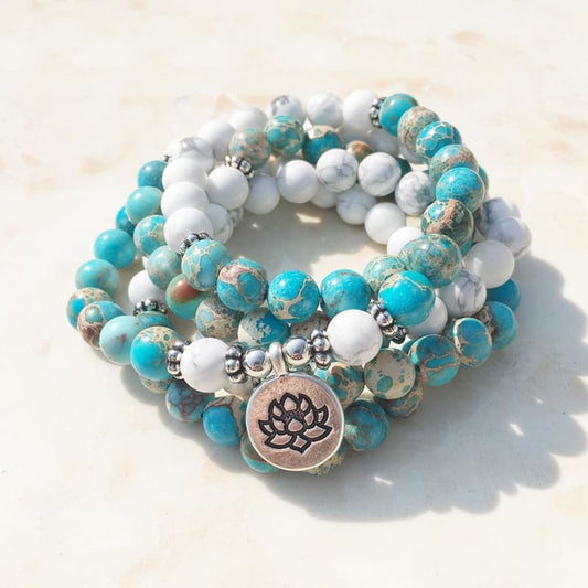 Howlite And Turquoise Mala Bead Bracelet Or Necklace - Lotus Charm