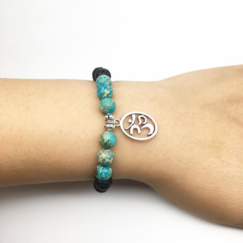 Lava Stone & Turquoise Mala Bead Bracelet With Ohm Charm