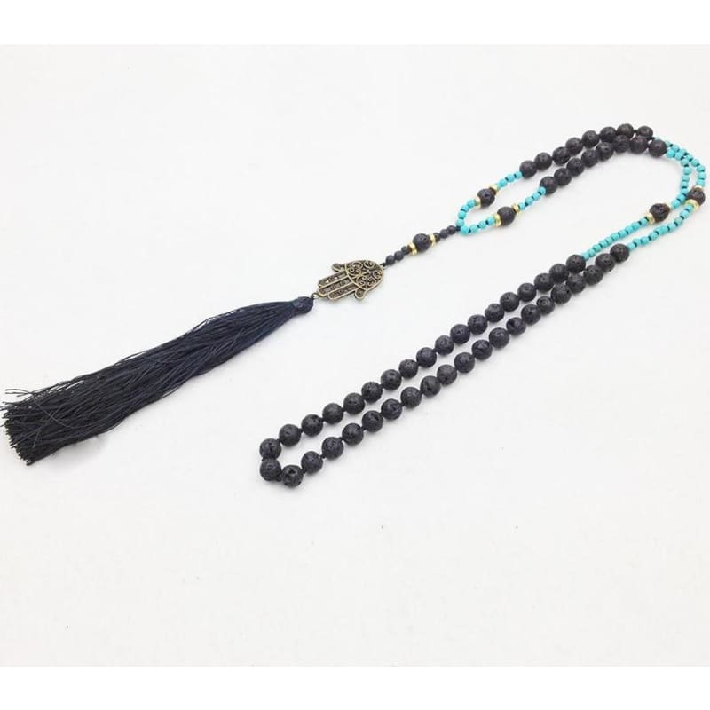 Lava Stone & Turquoise Mala Bead Necklace With Hansa & Tassle