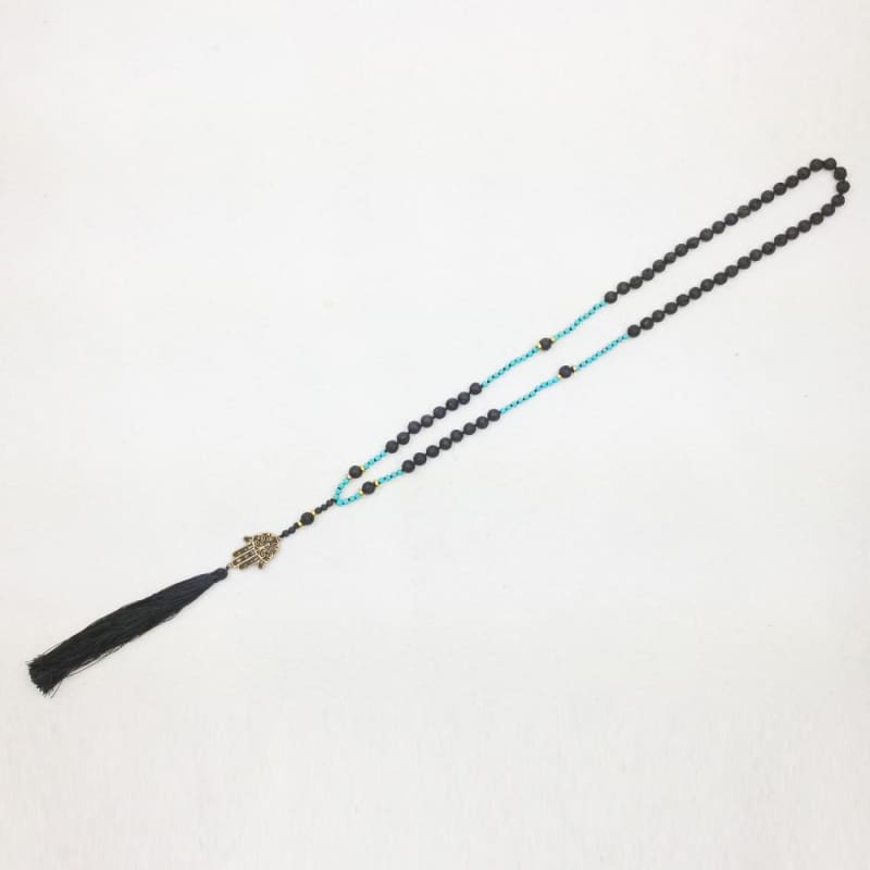 Lava Stone & Turquoise Mala Bead Necklace With Hansa & Tassle