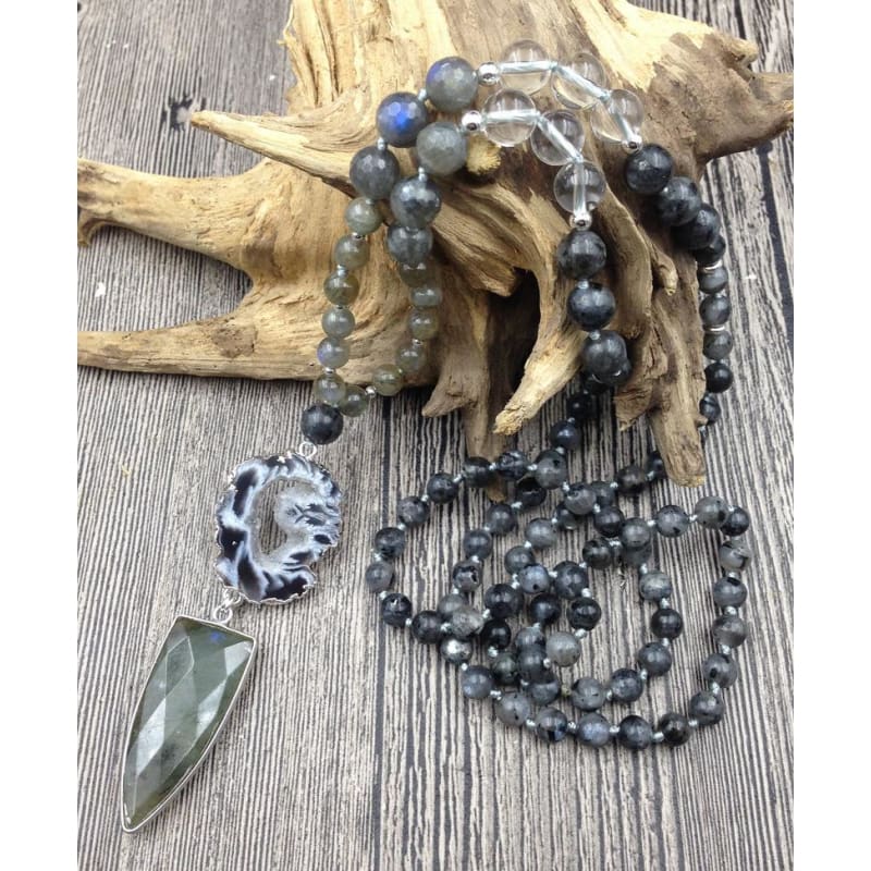 Mala Bead Necklace With Agate Geode And Labradorite Pendant