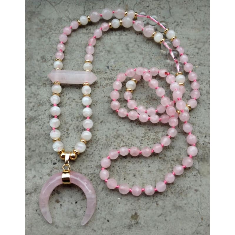 Pink Rose Quartz Moon Mala Pendant Necklace