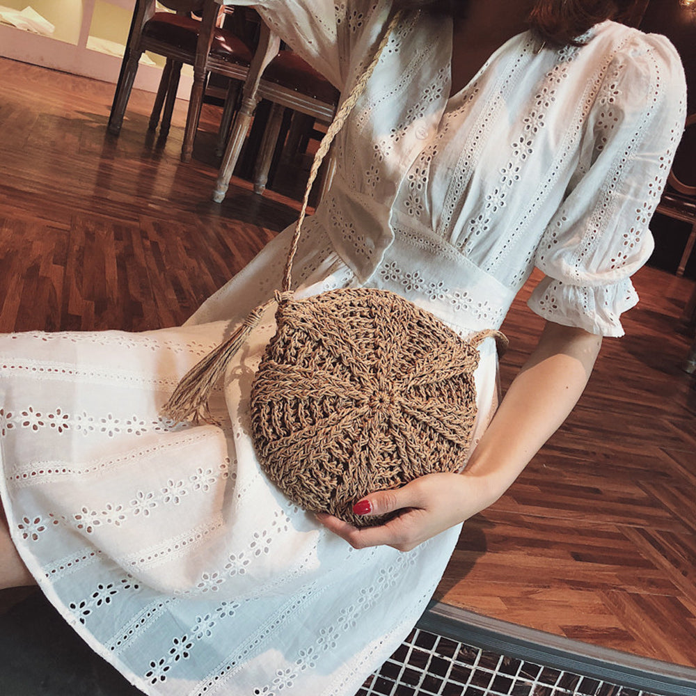 Round Handmade Knitted Woven Rattan Bag