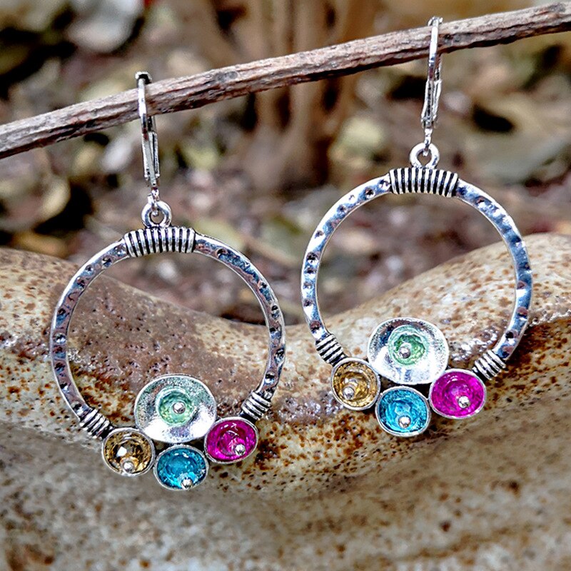 Vintage Rainbow Stone Circle Dangle Earrings
