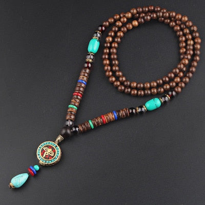 Buddhist Mala Wood Beaded Necklace