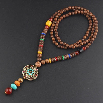 Buddhist Mala Wood Beaded Necklace