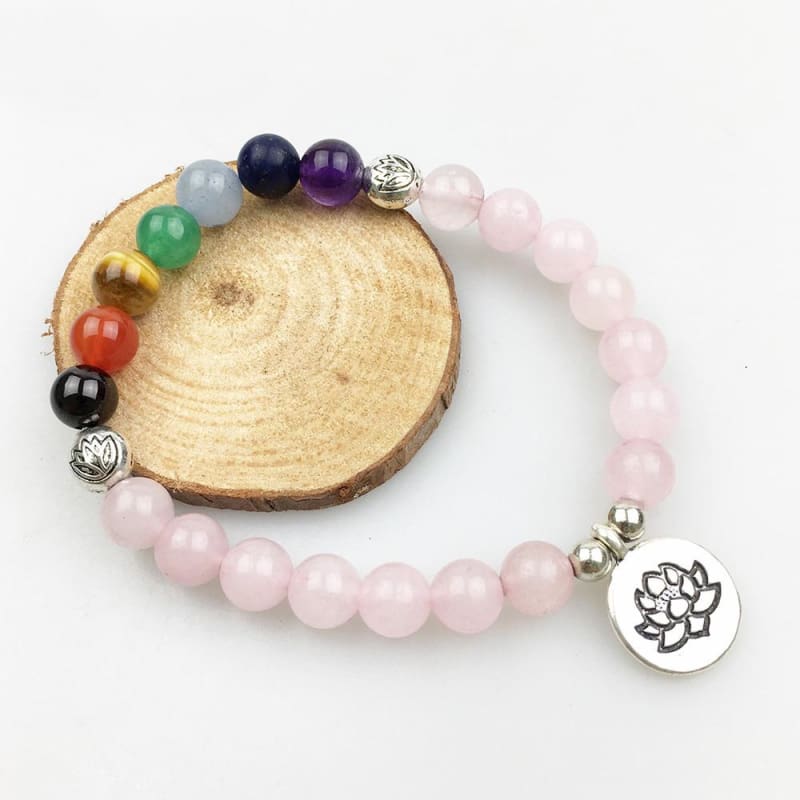 Rose Quartz And Chakra Stones Mala Bead Bracelet - Lotus Charm