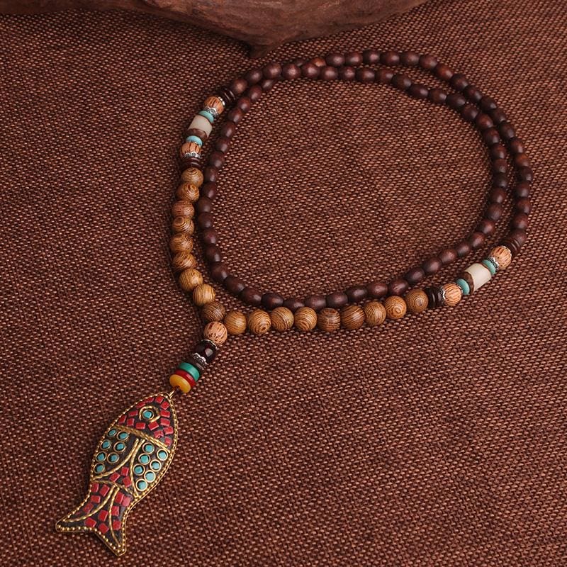 Tribal Bodhi Bead Fish Pendant Necklace