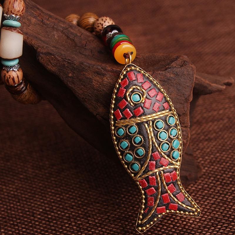 Tribal Bodhi Bead Fish Pendant Necklace
