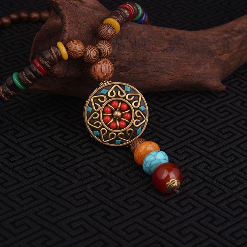 Tribal Flower Mandala Stone And Wood Necklace