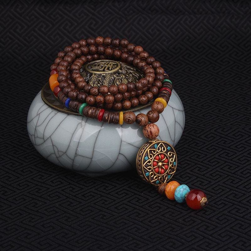 Tribal Flower Mandala Stone And Wood Necklace