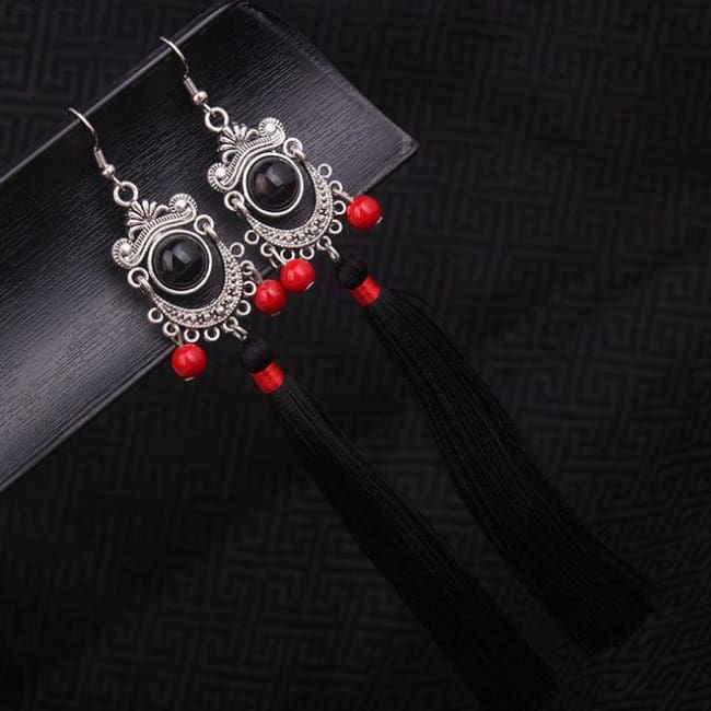 Tribal Miao Silver Fringe Earrings - Black