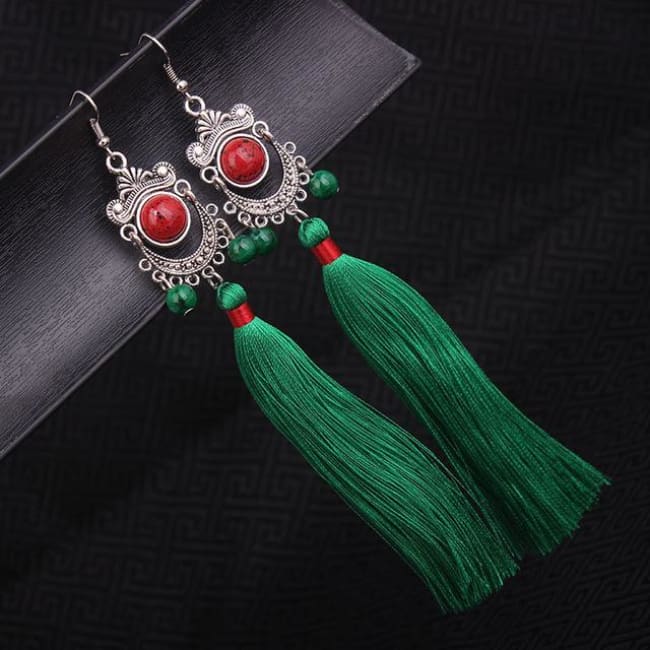 Tribal Miao Silver Fringe Earrings - Green