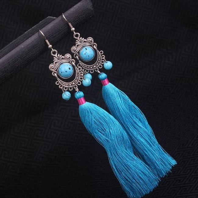 Tribal Miao Silver Fringe Earrings - Sky Blue