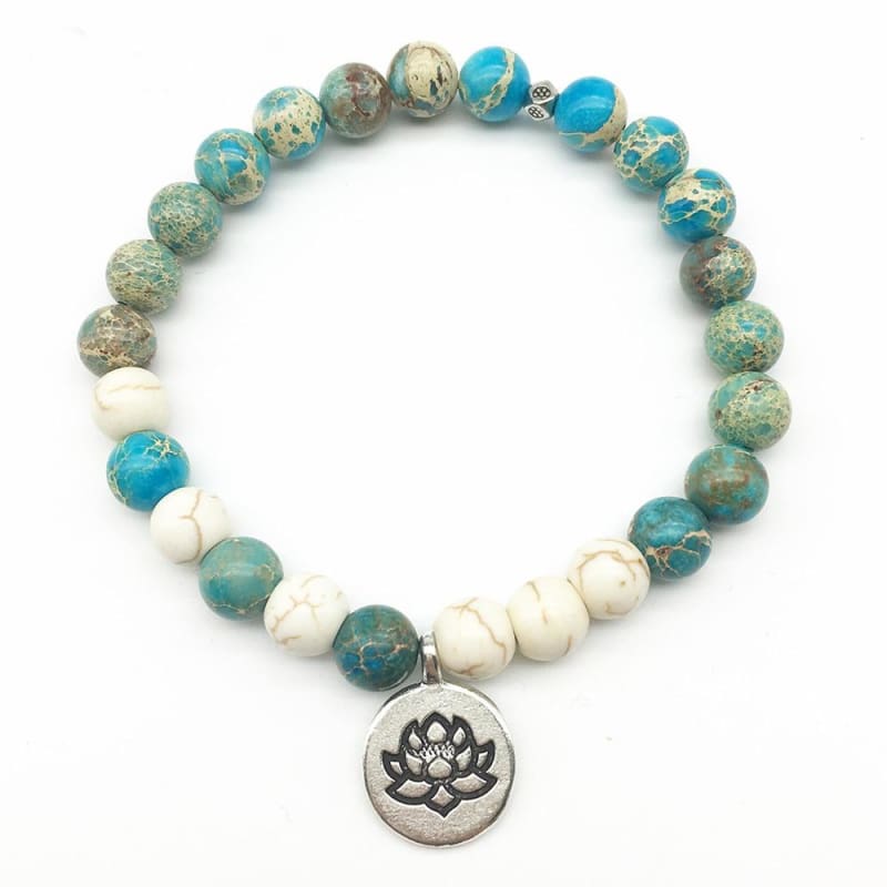 Turquoise And Howlite Mala Bead Bracelet - Lotus Charm